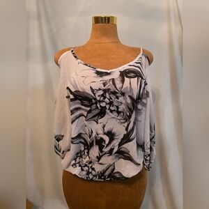 Tropical Cold Shoulder Sheer Top-Black and White Floral Womens Size 5